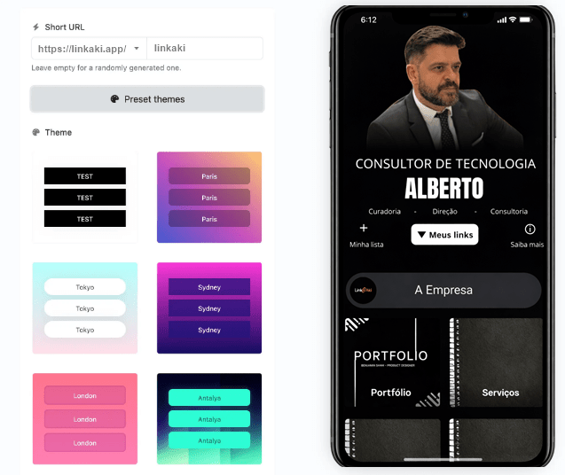 Captura de tela da página de edição do biolink do aplicativo